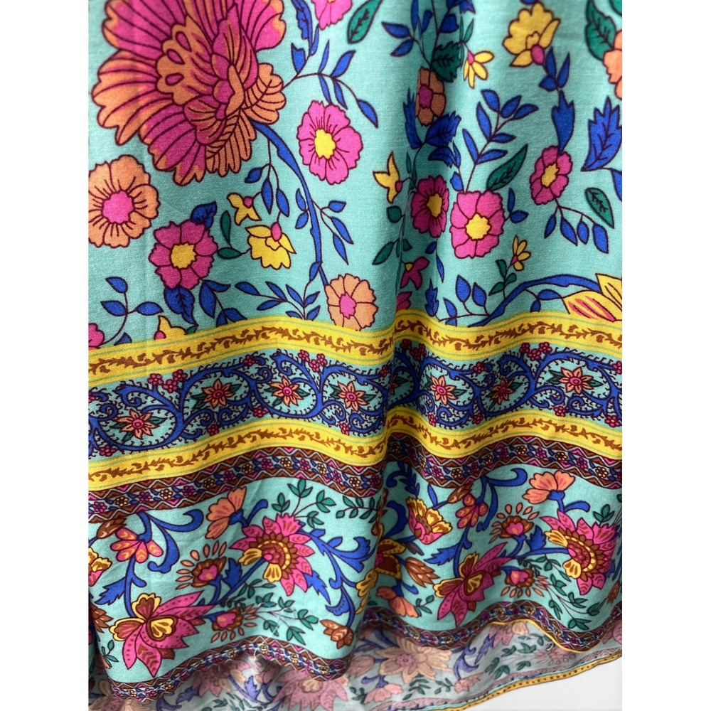 Vivimos Boho Floral Print Long Sleeve Tassel Midi Dress Turquoise M - Picture 5 of 6